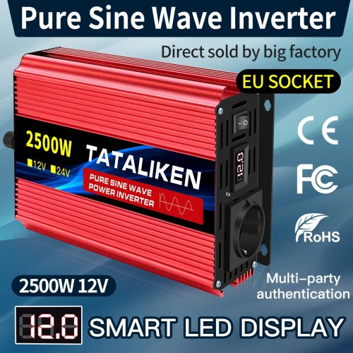 عاكس موجة جيبية نقية 2500/3500/4500/5000 واط 12V/24V تيار مستمر إلى 220V/230V تيار متردد مع شاحن ومقبس EU ومفتاح تحويل تلقائي
