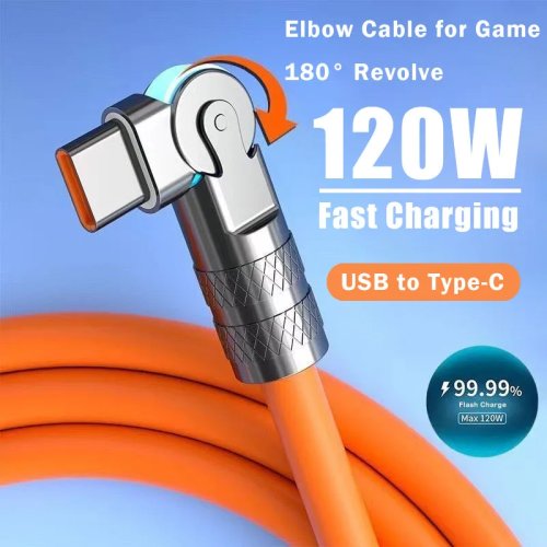 120W 7A USB-C Fast Charging Cable, 180° Right-Angle Swivel Connector for Gaming — Compatible with Xiaomi, Redmi, Honor phones