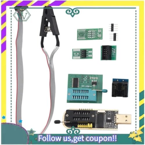 ชุดโปรแกรมเมอร์ CH341A USB สำหรับ EEPROM ซีรีส์ 24/25 และ SPI Flash — คลิปทดสอบ SOIC8/SOP8, อะแดปเตอร์ SPI 1.8V, ตัวแปลง SOIC8 เป็น DIP8