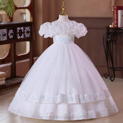 Elegant girls' long embroidered floral dress — flower girl, wedding & piano recital gown