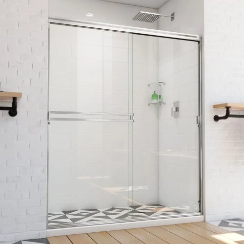 Porta de duche deslizante Alliance Pro semi‑moldurada, acabamento cromado e vidro transparente — para largura 142–152 cm × altura 178,6 cm