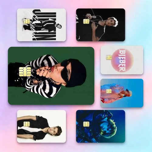 Naklejka rozmiaru karty kredytowej Justin Bieber, wodoodporna HD — decal na kartę do gry/mały chip, prezent