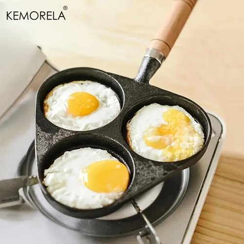 Frigideira em ferro fundido 3 buracos para omelete — não revestida, para ovos fritos e mini hambúrgueres, compatível com fogão a gás