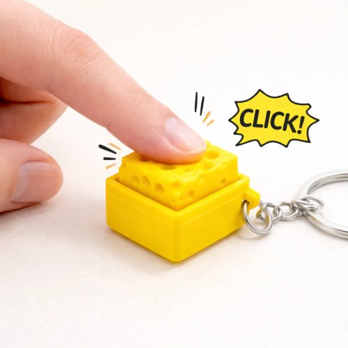 Gantungan kunci kubus keju lucu — mainan fidget klik mini, tekan berefek suara 'pop', pereda stres, gantungan tas, kado