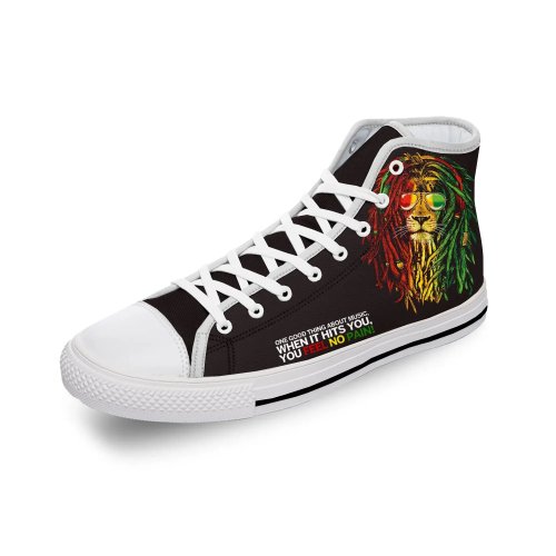 Wysokie tenisówki z płótna z nadrukiem 3D Lew Rasta/Rastafari — białe, lekkie i oddychające, unisex