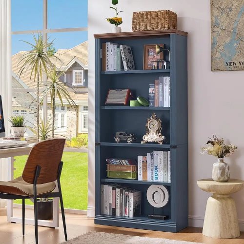 Sturdy 5-Tier Wooden Bookshelf with Adjustable Shelves — Freestanding Open Storage for Home or Office