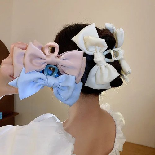 Cream large bow hair claw – Korean-style shark hair clip, elegant for women & girls