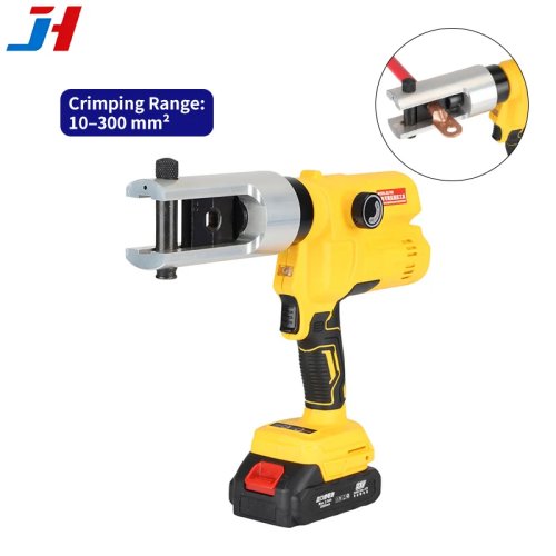 Pinza crimpatrice idraulica a batteria DM-300, 16–300 mm², 75 kN, 21V 2Ah Li‑ion, display LED, testa girevole 360°, portatile