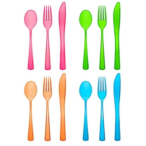 Heavy-duty hard plastic cutlery combo pack — forks, knives & spoons, assorted neon brights