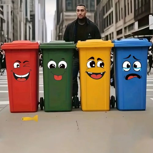 Lot de 4 feuilles d'autocollants visages de dessins animés, autocollants adhésifs pour surface plastique, déco maison — idéal pour poubelles et toilettes