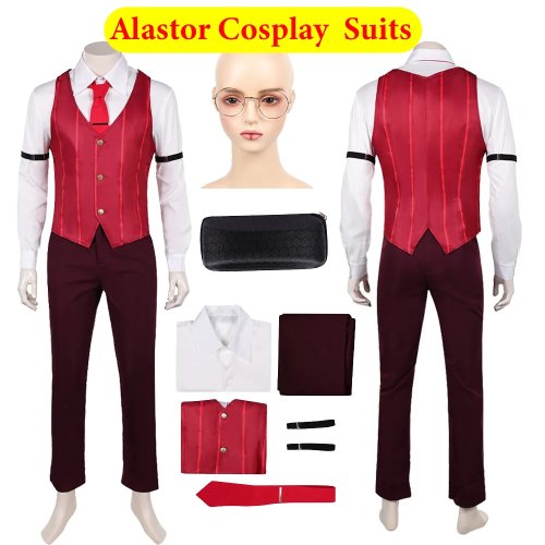 Disfraz cosplay Alastor para hombre — camisa, chaleco, pantalón, corbata y gafas (estilo uniforme de hotel)