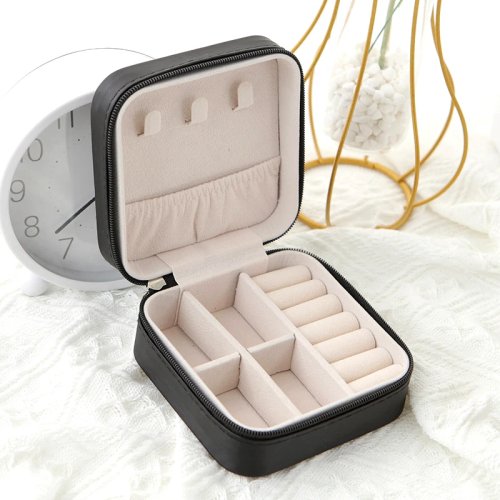Einlagige Leder-Schmuckbox für Damen – Reise-Schmucketui, Schwarz / Weiß / Rosa