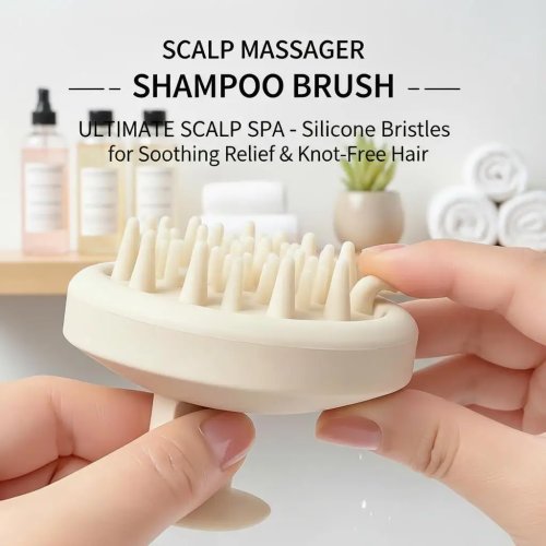 Sikat pijat kulit kepala dengan bulu silikon lembut, gagang serat gandum — untuk rambut basah & kering, pembersihan mendalam dan pijat relaksasi