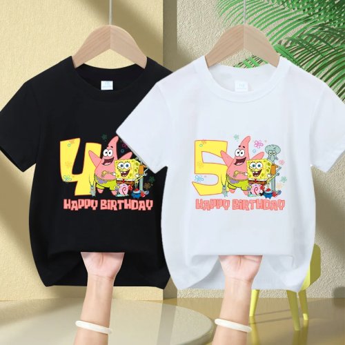 SpongeBob SquarePants Unisex Short-Sleeve Birthday Party T-Shirt, Cartoon Print with Numbers 1-9