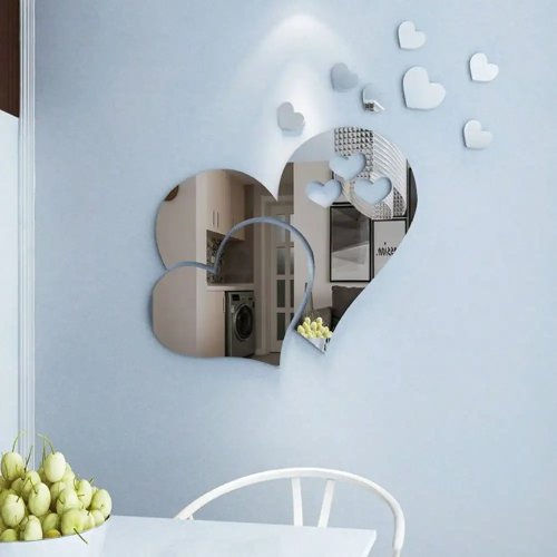 Adesivo da parete specchio acrilico 3D a forma di cuore — Decorazione per soggiorno, bagno, ingresso e ante armadio