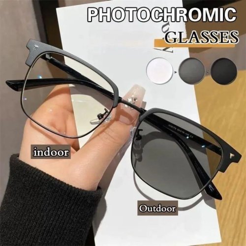 Kính đổi màu (photochromic) chống bức xạ, gọng kim loại vuông cỡ lớn, phong cách retro, unisex