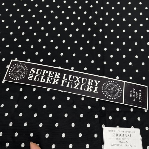 Black embroidered lace fabric, 100% cotton — polished Swiss/Austrian/African style, glossy finish, ideal for sewing men's clothing