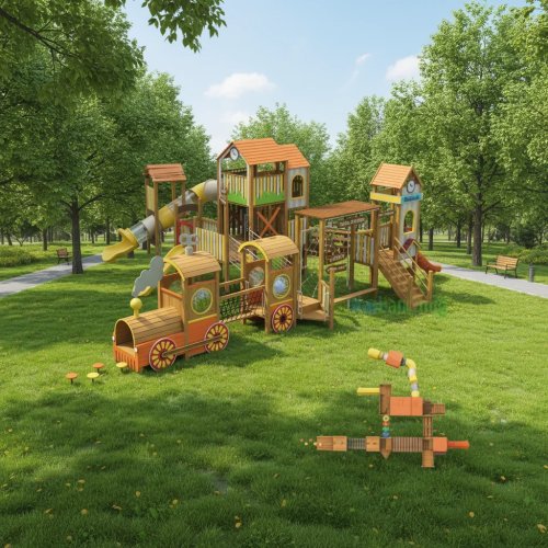 Children's wooden outdoor playset — train & bell-tower slide combo