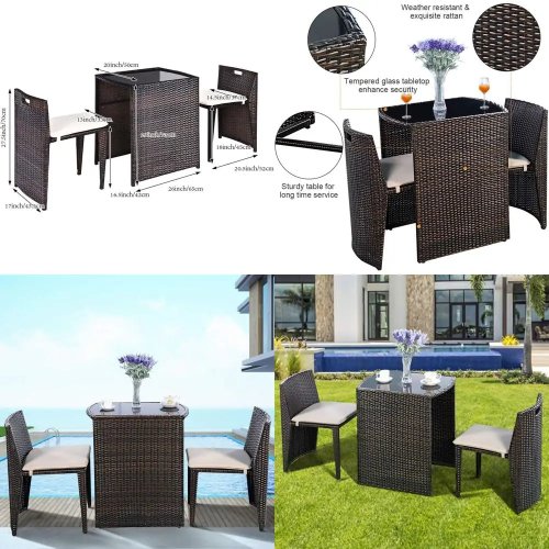 Conjunto bistró de ratán 3 piezas con cojines — Set para patio/terraza ahorra espacio, marrón, sin montaje