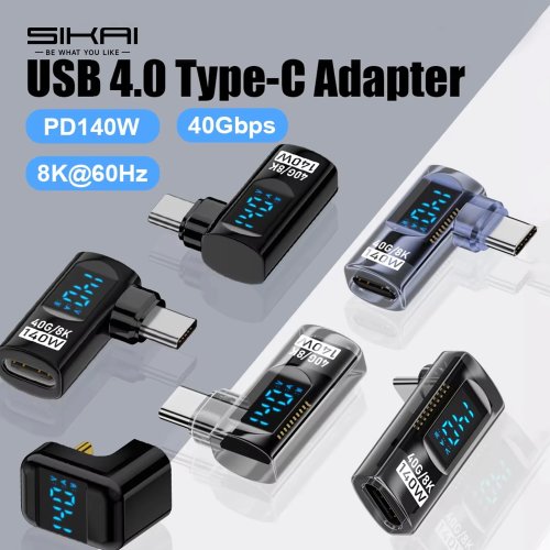 Adaptateur USB‑C angle 90° (forme en U), USB4 40 Gbit/s, PD 140W, vidéo 8K@60Hz, compatible Thunderbolt 3/4
