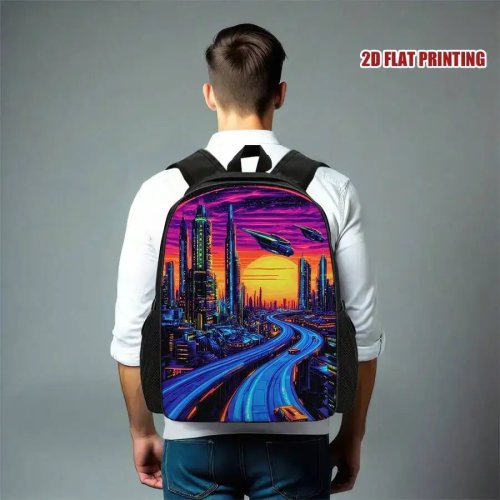 Zaino da adulto con skyline cyberpunk colorato - Leggero, chiusura lampo, per università e viaggio
