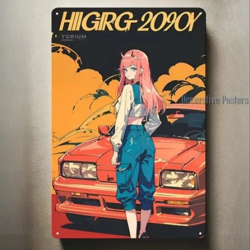 Cartel metálico coleccionable - Arte japonés chica y coche, aluminio, 8×12 pulgadas