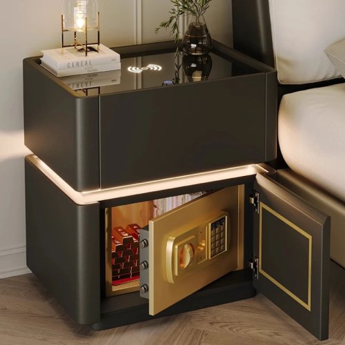 Comodino smart con cassaforte integrata, luce notturna touch, piano in vetro temperato e ricarica wireless