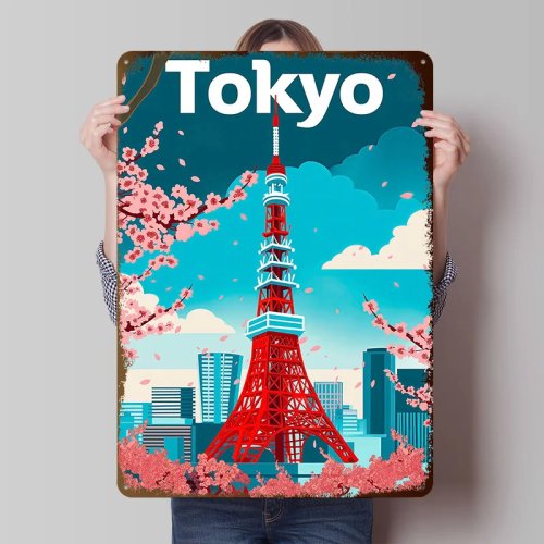 Metalowa tablica vintage Tokyo — Personalizowany plakat podróżny z blachy, retro szyld do biura, pokoju gier i łazienki