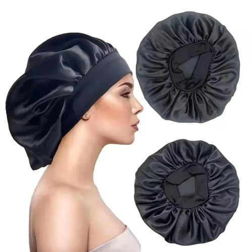 Touca de cetim para dormir para mulher (unissex) — aba larga, elástico, touca de noite/banho para cuidados do cabelo