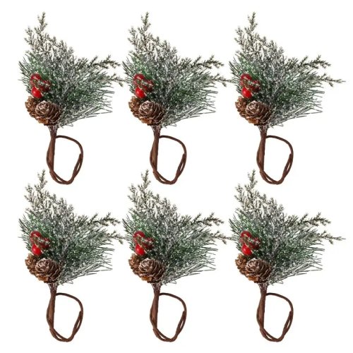 6er-Set rustikale Serviettenringe mit Tannennadeln und Beeren – Weihnachts-Tischdeko (begrenztes Angebot)