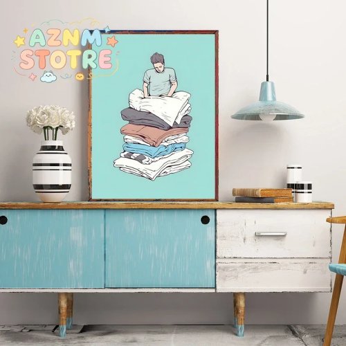 Toile «Panier à linge» – Impression minimaliste de pile de vêtements, tableau mural moderne pour la maison