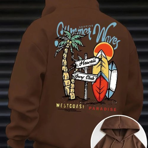 Herenhoodie met surf-print, trekkoord en kangoeroezak