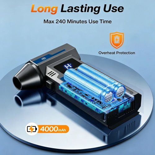 Soplador de aire turbo inalámbrico para coche — motor sin escobillas, ventilador turbo 130.000 rpm, batería recargable 4000 mAh