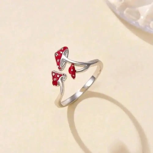 Cincin enamel jamur merah bercak, model terbuka bisa disesuaikan, warna perak — lucu gaya hutan, kado