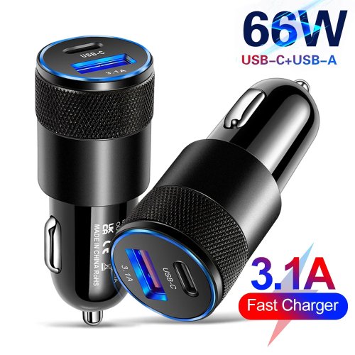 شاحن سيارة USB‑C بقوة 66 واط (PD) شحن سريع لهواتف Xiaomi وHuawei — محول لمقبس ولاعة السجائر