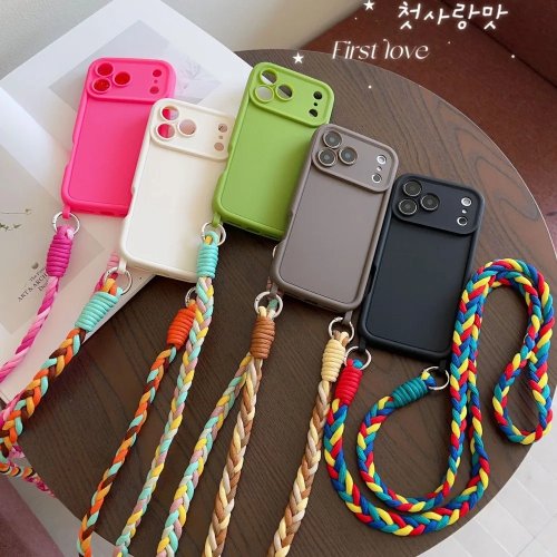 Minimalist solid-color crossbody case for iPhone 11–17 (incl. Pro/Pro Max) with three-strand colorful lanyard