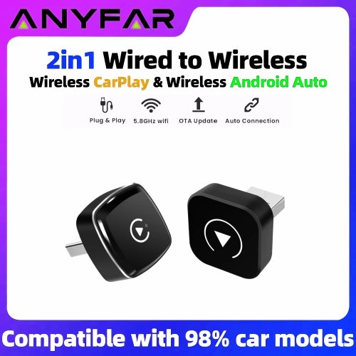 Adaptador 2 en 1 Wireless CarPlay y Android Auto — Caja inteligente con IA, compatible con CarPlay inalámbrico y por cable para coche