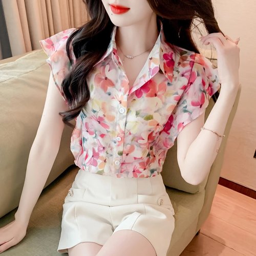 Blusa feminina de chiffon para verão, manga curta, padrão floral, corte solto estilo coreano, gola com botões