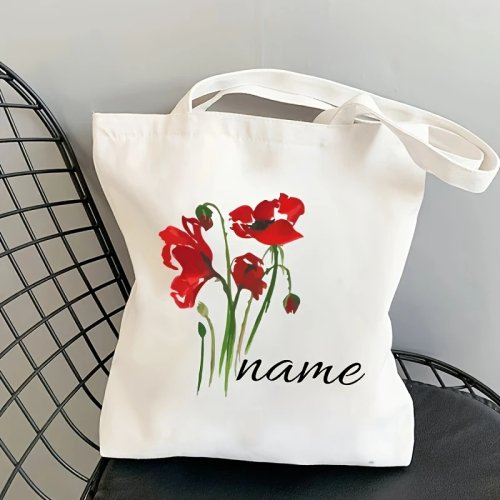 Shopper tote personalizzabile in tela con motivo floreale — Borsa a tracolla leggera riutilizzabile con papaveri rossi e steli verdi