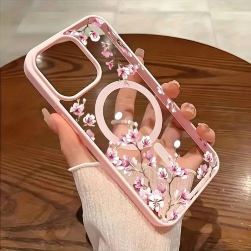 Roze magnetische hoes met bloem- en kersenprint voor iPhone 17 / 17 Air / 16 / 16E / 16 Plus / 15 / 14 / 13 / 12 Pro Max / 11 — elegant design