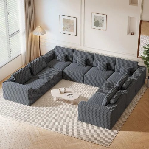 Sofa sudut U 8 tempat duduk, abu-abu, dudukan dalam, siap pakai (tanpa perakitan)