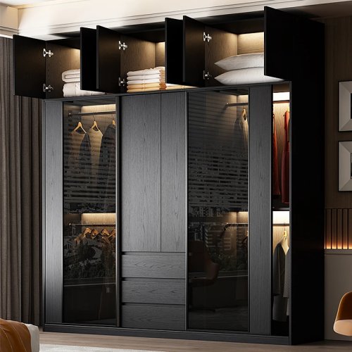 Double wardrobe with drawers — open clothes organizer for bedroom, comfortable home closet, modern room furniture