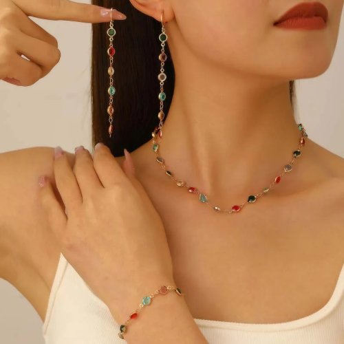 Conjunto boémio colar choker e brincos com cristais coloridos para mulher - colar de corrente com zircónia, jóias de noiva