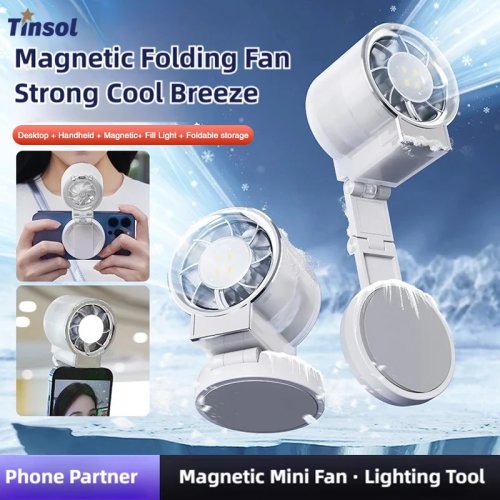TINSOL Ventilador Mini clip magnético con luz LED de relleno — Portátil, para selfies y streaming en vivo
