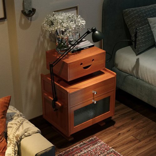 Robot-shaped Bamboo Nightstand / Side Table with Storage Cabinet — Retro‑Futuristic Home Organizer