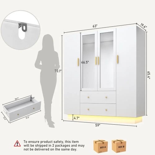 Guardaroba 4 ante in legno con specchi e luci LED, armadio da camera moderno con cassetti e ripiani