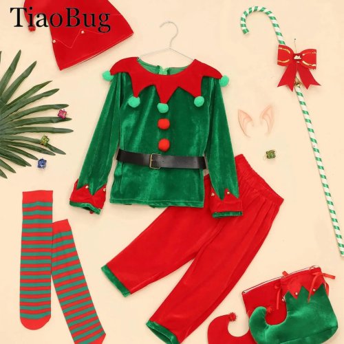 Disfraz de elfo verde para niño - set de Navidad con camisa, pantalón, gorro, orejas de elfo, cinturón y calcetines