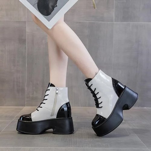Women’s mid-calf biker booties, patent microfiber, 11 cm wedge platform heel, chunky sole — spring/autumn/winter fashion
