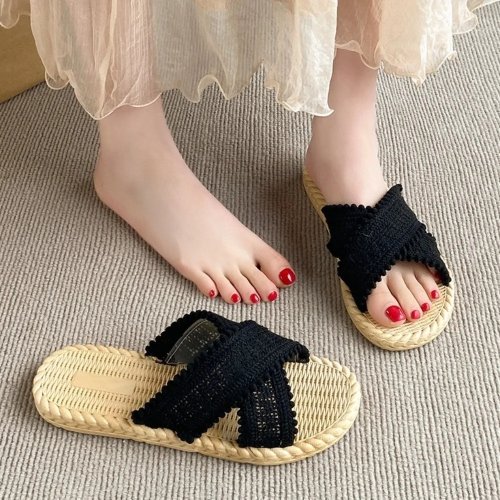 Sandales femme plates style bohème tressées en PVC, antidérapantes pour la plage