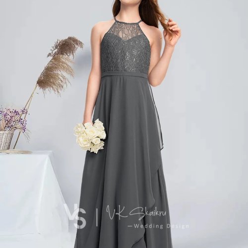Vestido infantil A-line colar halter, comprido em chiffon e renda com folhos em cascata — cinzento aço